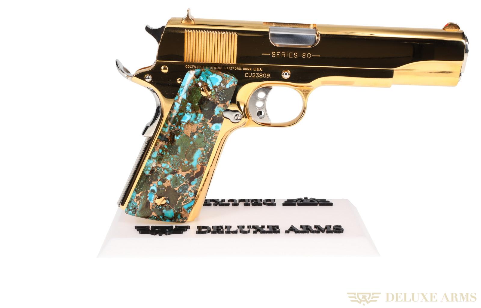 Deluxe Arms  24k Gold Colt 1911, Turquoise Grips & Damascus Steel Knife